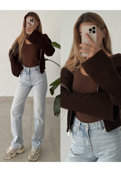 Madonna Yaka Çift Fermuarlı Triko Kazak Hırka - Kahverengi