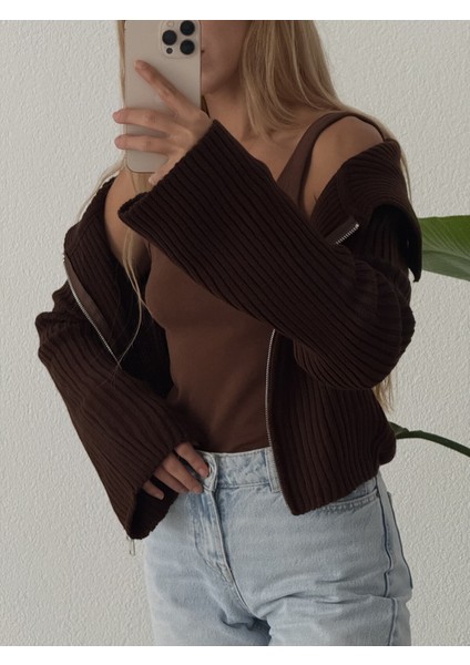 Madonna Yaka Çift Fermuarlı Triko Kazak Hırka - Kahverengi modelleri