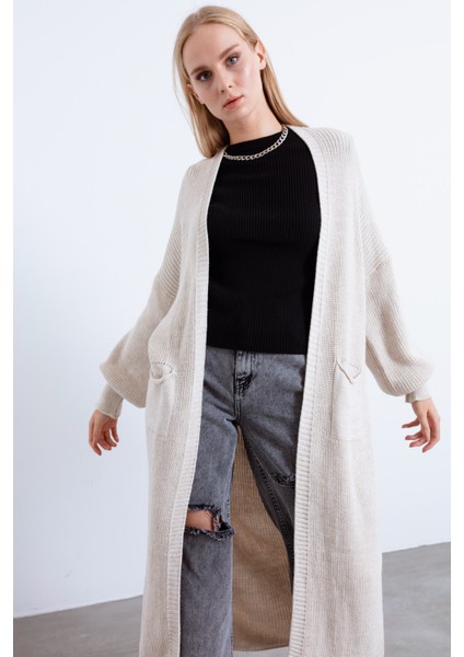 Kadın Bej Balon Kol Uzun Hırka - Bej