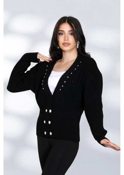 Modern Tarz Çift Sıra Düğme Detaylı Taş Süslemeli V Yaka Triko Hırka - Siyah modelleri