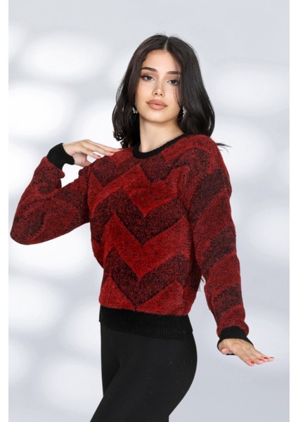 Kadın Yuvarlak Yaka Rahat Kalıp Şık Desenli Tüylü Triko Kazak - Bordo fiyatları