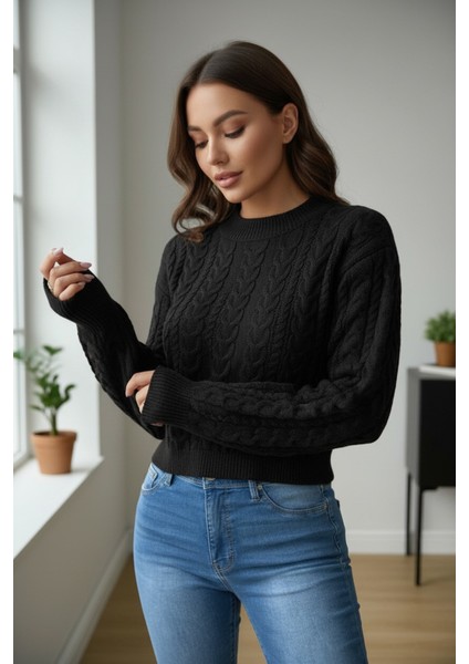 Örgü Detaylı Desenli Salaş Triko Kazak Bisiklet Yaka Rahat Kalıp Şık Günlük Model - Siyah modelleri