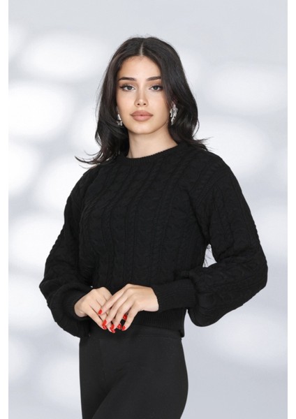 Örgü Detaylı Desenli Salaş Triko Kazak Bisiklet Yaka Rahat Kalıp Şık Günlük Model - Siyah fırsatları