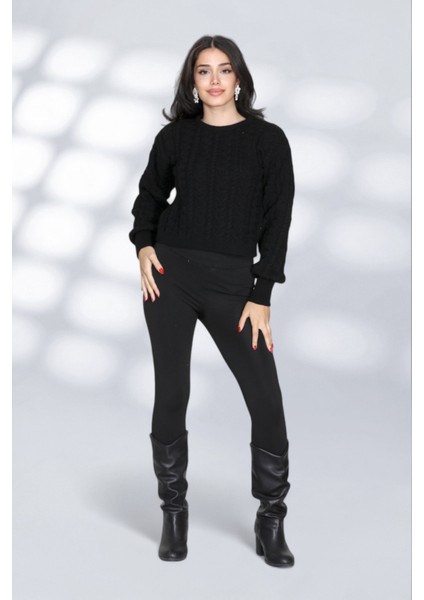 Örgü Detaylı Desenli Salaş Triko Kazak Bisiklet Yaka Rahat Kalıp Şık Günlük Model - Siyah indirimleri