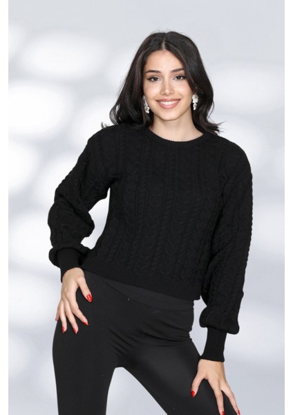 Örgü Detaylı Desenli Salaş Triko Kazak Bisiklet Yaka Rahat Kalıp Şık Günlük Model - Siyah