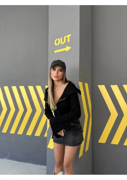 Kadın Madonna Yaka Triko Hırka Çift Fermuarlı Kısa Hırka fiyatları