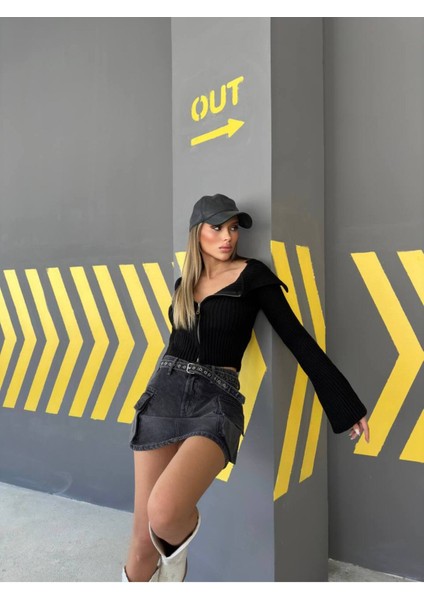 Kadın Madonna Yaka Triko Hırka Çift Fermuarlı Kısa Hırka modelleri