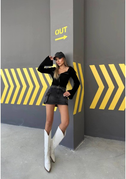 Kadın Madonna Yaka Triko Hırka Çift Fermuarlı Kısa Hırka fırsatları