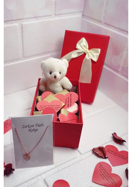 Sevgililer Günü Zirkon Taşlı Kolye, Çikolata ve Ayıcık Kutusu Seti fiyatları