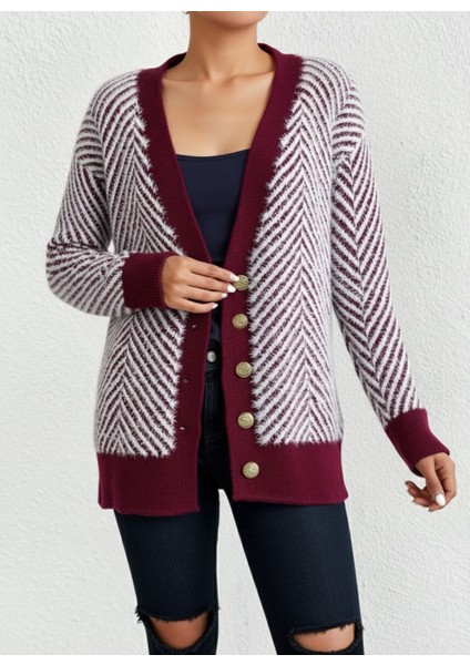 Kadın Düğme Detaylı Günlük ve Ofis Şıklığı Yumoş Oversize Trıko Süveter Hırka - Bordo fiyatları