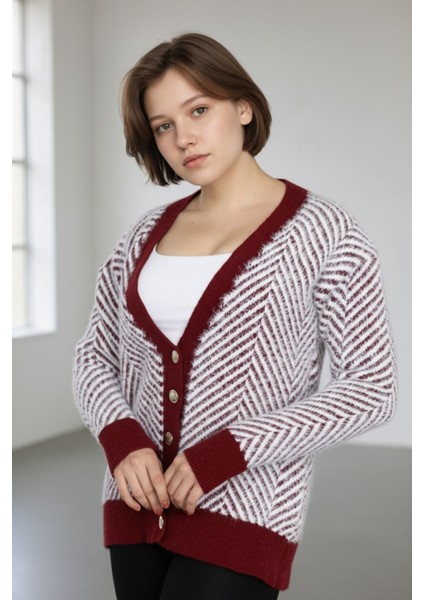 Kadın Düğme Detaylı Günlük ve Ofis Şıklığı Yumoş Oversize Trıko Süveter Hırka - Bordo fırsatları