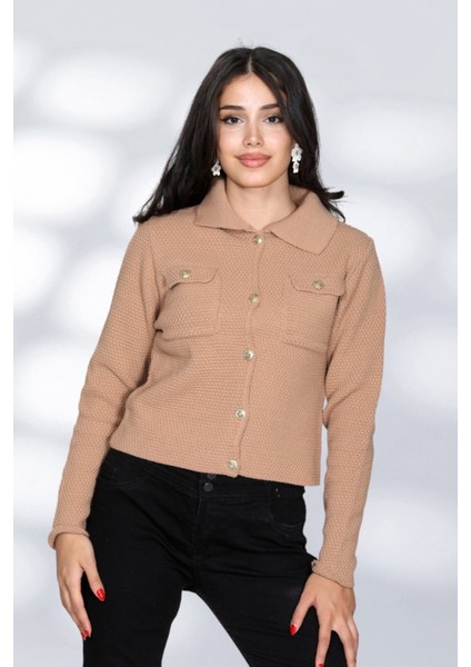 Cepli Düğmeli Örgü Detaylı Rahat ve Moderen Şık Triko Gömlek - Bej fiyatları