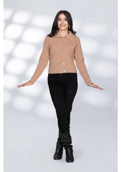 Cepli Düğmeli Örgü Detaylı Rahat ve Moderen Şık Triko Gömlek - Bej modelleri