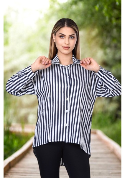 Çizgili Uzun Gömlek - Siyah