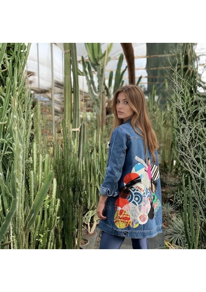 Kadın Büyük Beden Kot Ceket, Mavi Büyük Beden Yuvarlak Patchwork Detaylı Tasarım Kot Ceket fiyatları