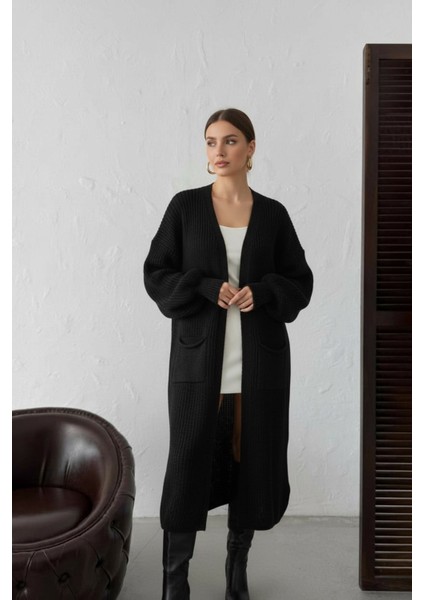 Kadın Siyah Balon Kol Uzun Hırka - Siyah