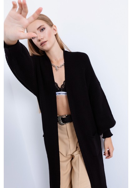 Kadın Siyah Balon Kol Uzun Hırka - Siyah fırsatları