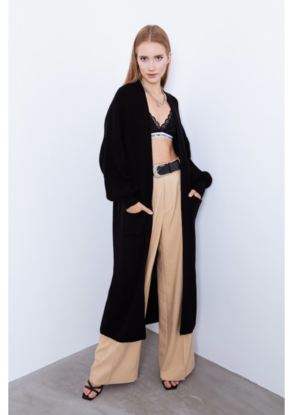 Kadın Siyah Balon Kol Uzun Hırka - Siyah indirimleri