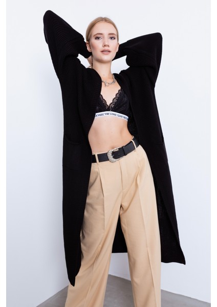 Kadın Siyah Balon Kol Uzun Hırka - Siyah