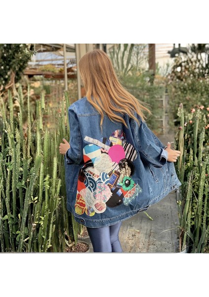 Kadın Büyük Beden Kot Ceket, Mavi Büyük Beden Yuvarlak Patchwork Detaylı Tasarım Kot Ceket