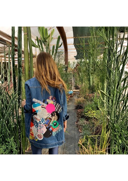 Kadın Büyük Beden Kot Ceket, Mavi Büyük Beden Yuvarlak Patchwork Detaylı Tasarım Kot Ceket modelleri