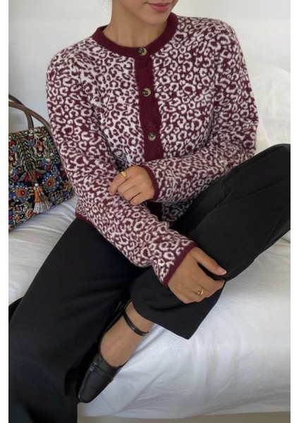 Leopar Desenli Düğmeli %100 Akrilik Sakal Triko Süveter Hırka - Bordo fiyatları