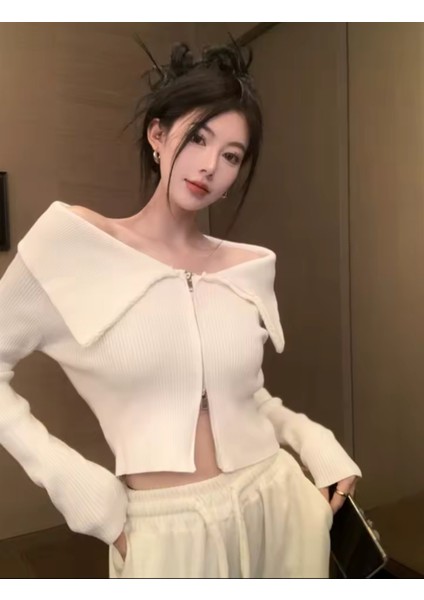 Çift Fermuarlı Basıc Hırka - Ekru