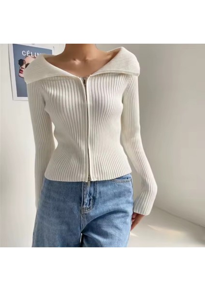 Çift Fermuarlı Basıc Hırka - Ekru fırsatları