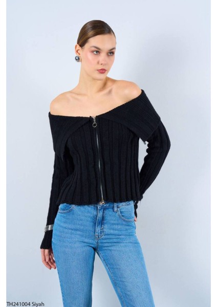 Kadın Siyah Degaje Yaka Fermuarlı Hırka fiyatları