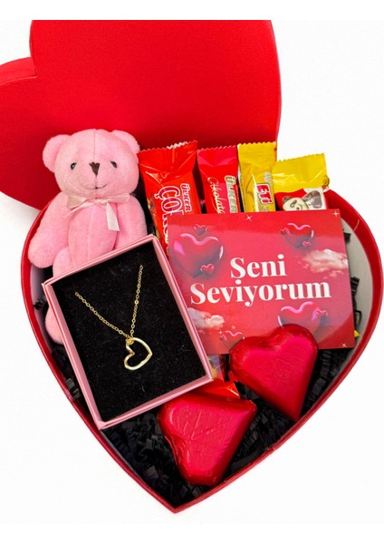 Sevgiliye Kalp Kutuda Tatlı Pembe Ayıcık ve Çikolata Seti
