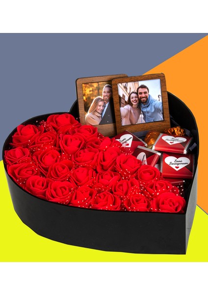Sevgililer Gününe Özel Fotoğraflı Kalp Kutu, Çiçek ve Çikolata Buketi Seti