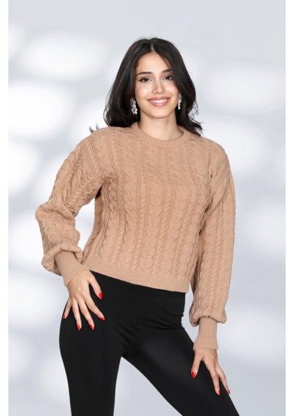 Örgü Detaylı Desenli Salaş Triko Kazak Bisiklet Yaka Rahat Kalıp Şık Günlük Model - Bej