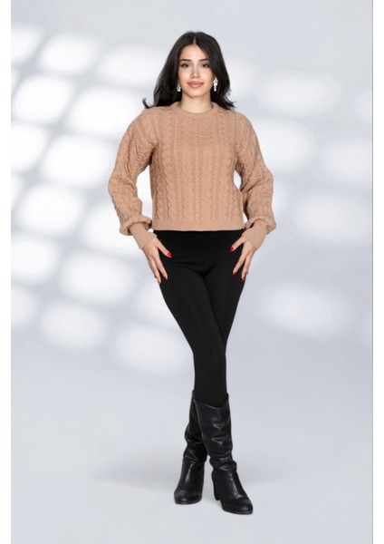 Örgü Detaylı Desenli Salaş Triko Kazak Bisiklet Yaka Rahat Kalıp Şık Günlük Model - Bej fiyatları