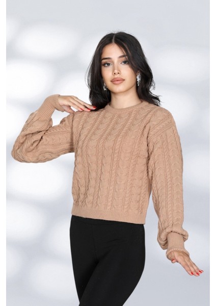 Örgü Detaylı Desenli Salaş Triko Kazak Bisiklet Yaka Rahat Kalıp Şık Günlük Model - Bej modelleri