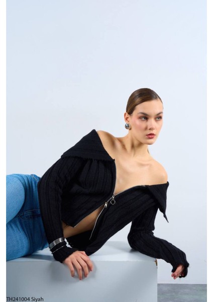 Kadın Siyah Degaje Yaka Fermuarlı Hırka modelleri