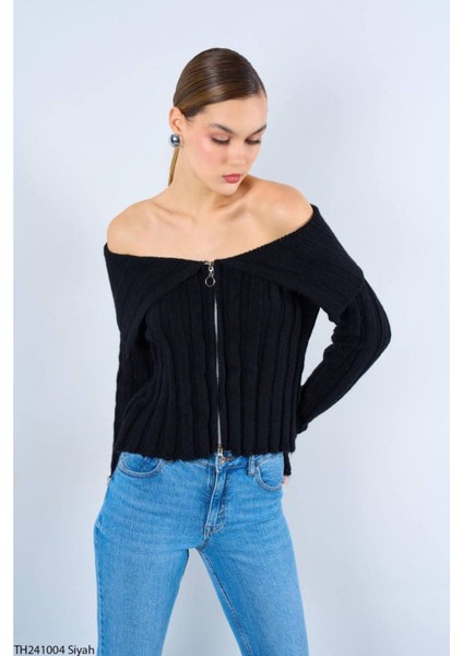 Kadın Siyah Degaje Yaka Fermuarlı Hırka fırsatları