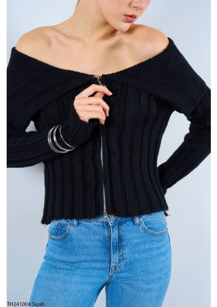 Kadın Siyah Degaje Yaka Fermuarlı Hırka indirimleri