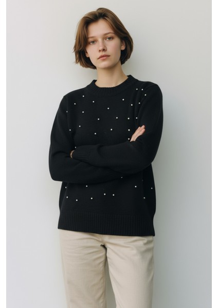 Inci Taş Detaylı Örgü Desenli Salaş Triko Kazak Bisiklet Yaka Rahat Kalıp Şık Günlük Model - Siyah