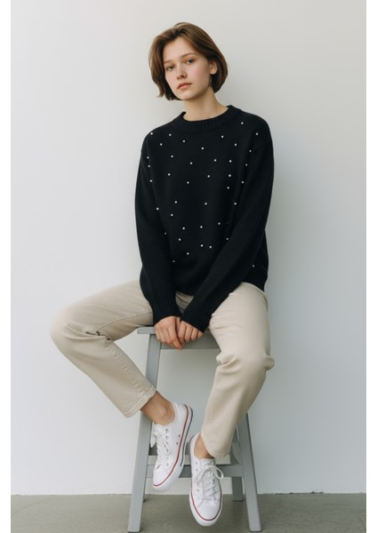 Inci Taş Detaylı Örgü Desenli Salaş Triko Kazak Bisiklet Yaka Rahat Kalıp Şık Günlük Model - Siyah fiyatları