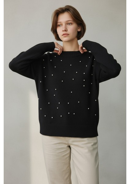 Inci Taş Detaylı Örgü Desenli Salaş Triko Kazak Bisiklet Yaka Rahat Kalıp Şık Günlük Model - Siyah modelleri