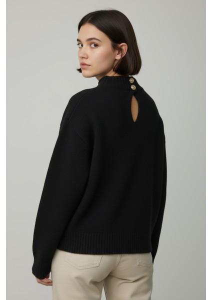 Inci Taş Detaylı Örgü Desenli Salaş Triko Kazak Bisiklet Yaka Rahat Kalıp Şık Günlük Model - Siyah fırsatları