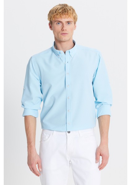 Tailored Slim Fit Dar Kesim Düğmeli Yaka Gofre Desenli Gömlek