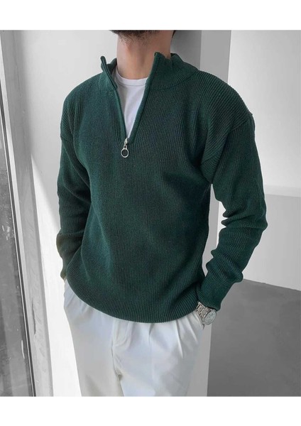 Erkek Slim Fit Dar Kesim Yarım Fermuarlı Dik Yaka Triko Kazak