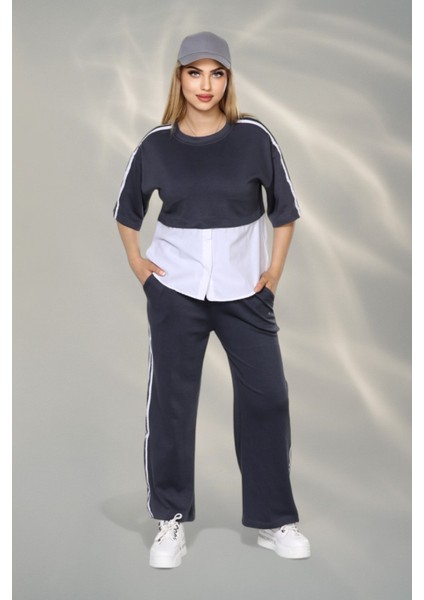 Kadın Spor-Şık Takım – Düğme Detaylı Üst & Yan Şeritli Pantolon - Füme