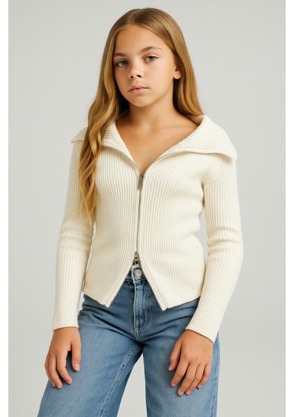 Madonna Yaka Çift Fermuarlı Triko Kız Çocuk Kazak Hırka Standart Beden 10-16 Yaş - Ekru