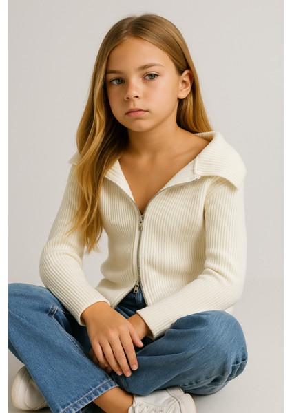 Madonna Yaka Çift Fermuarlı Triko Kız Çocuk Kazak Hırka Standart Beden 10-16 Yaş - Ekru fiyatları