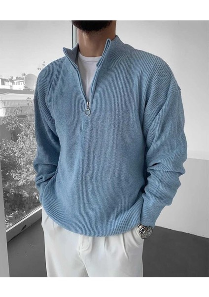 Erkek Slim Fit Dar Kesim Yarım Fermuarlı Dik Yaka Triko Kazak