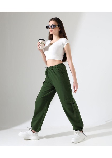 Yeşil Paraşüt Kumaş Palazzo Pantolon - Haki