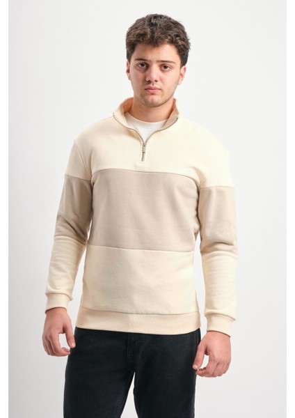Regular Fit Yarım Fermuarlı Dik Yaka Renk Bloklu Sweatshirt
