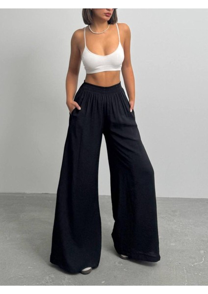 Kadın Siyah Bol Paça Dökümlü Modal Pantolon - Siyah
